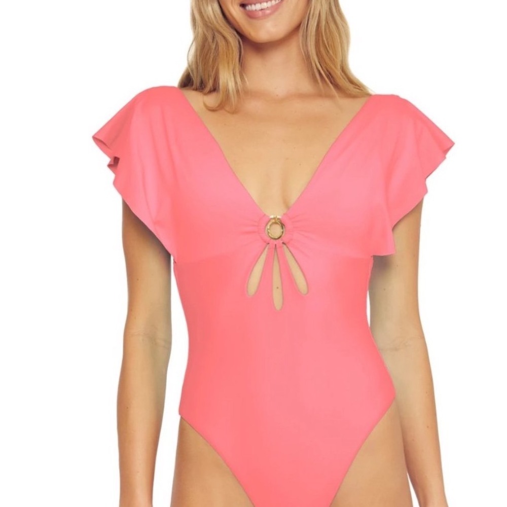 Trina Turk Monaco Solid Flutter Maillot Geranium Pink Women's Size 4
